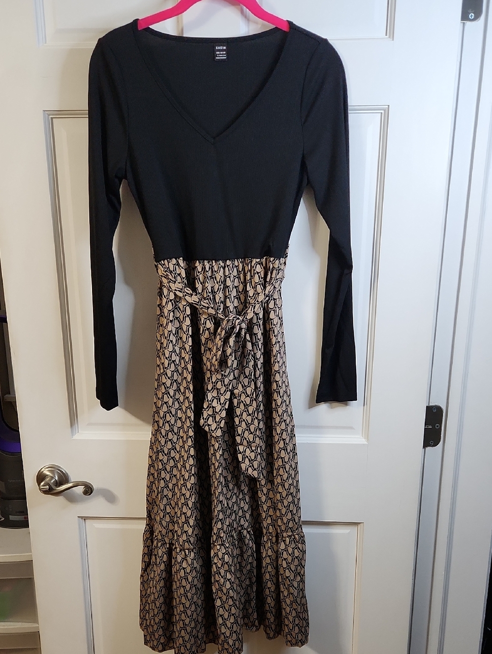 SHEIN Black Ribbed Top with Beige Patterned Tie-Waist Maxi Dress